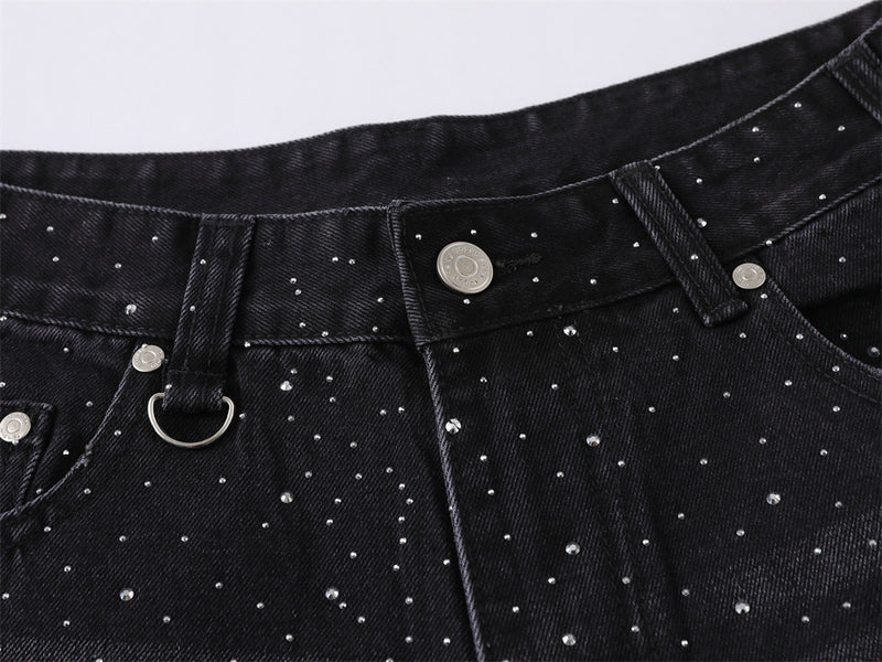 Wide-Leg Rhinestone Denim Shorts – Vintage Washed Straight-Cut Bermuda