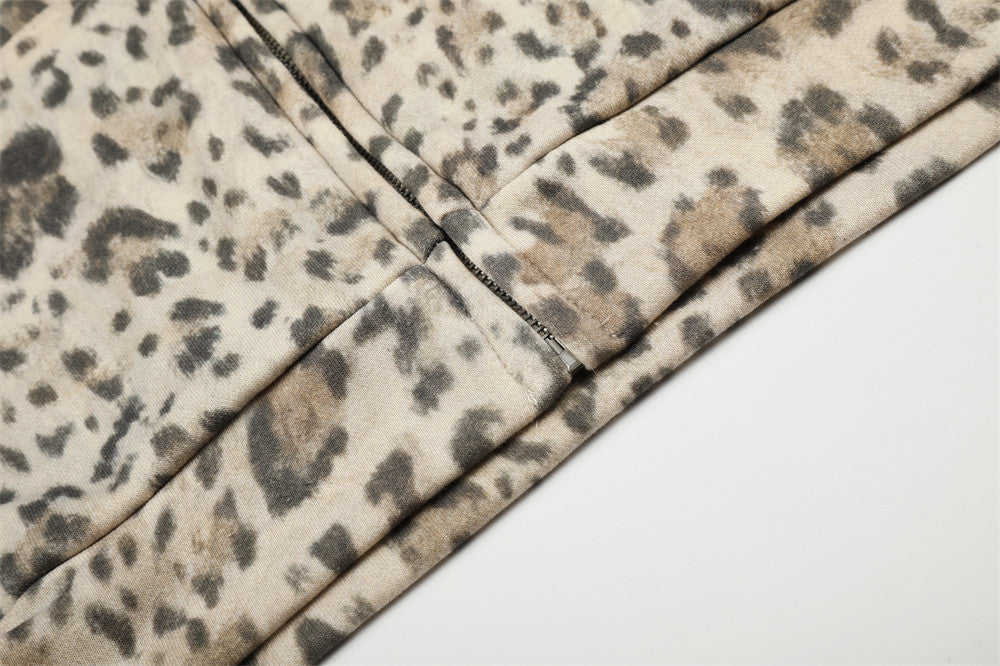 Embroidered Zip Up Hoodie – Leopard Print Streetwear with Side Stripe Detail