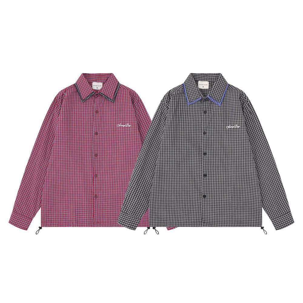 Men's Plaid Long Sleeve Oversized Button-Down Shirt with Drawstring Hem
