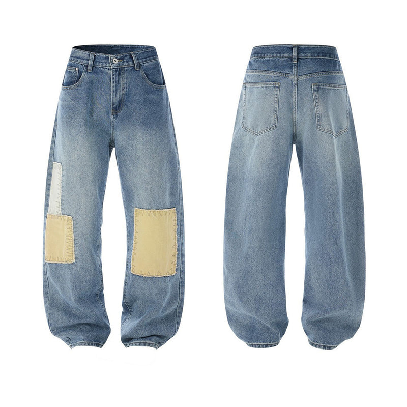 Men's Patchwork Wide-Leg Jeans – Straight Fit Streetwear Denim with Contrast