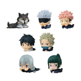 The Jujutsu Kaisen Chibi PVC 12-Piece Figure Set features chibi anime figures with diverse hairstyles and colors. Six are in a crawling pose, and one is a wolf lying down, making them perfect collectible items for fans.