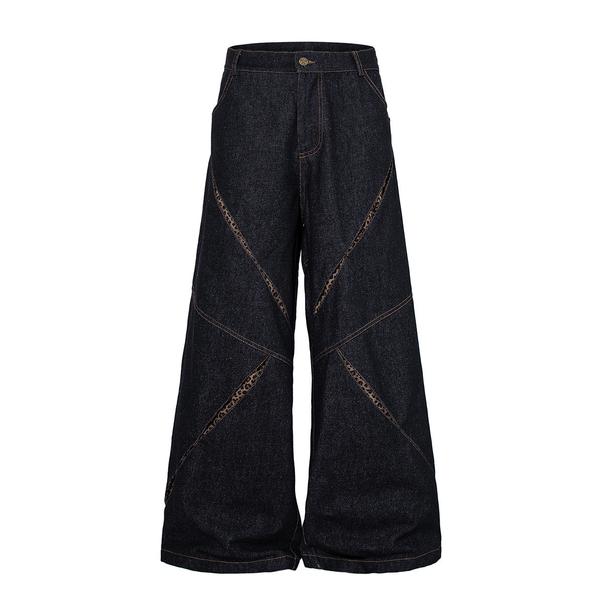 Vaqueros baggy negros de denim y pierna ancha, con paneles geométricos de estampado de leopardo y pespuntes dorados en contraste, vista frontal