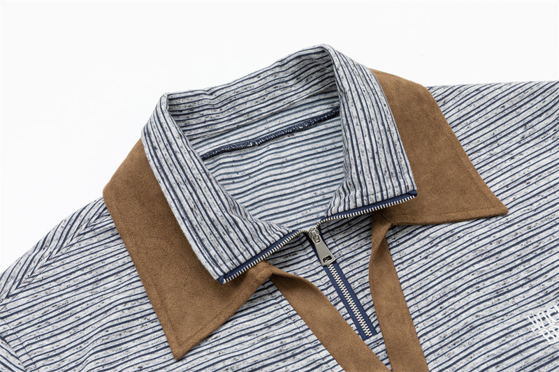 Striped Half-Zip Polo Sweatshirt with Suede Collar & Cuffs