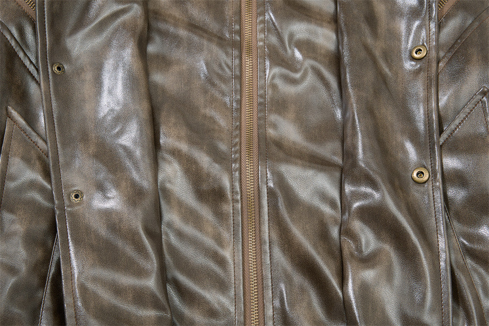 Men's Distressed Glossy PU Leather Bomber Jacket with Stand Collar & Diagonal