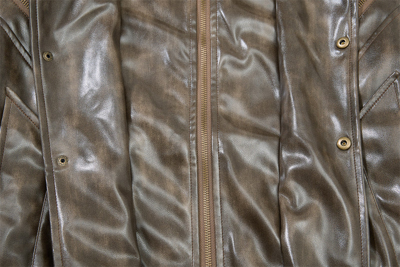 Men's Distressed Glossy PU Leather Bomber Jacket with Stand Collar & Diagonal