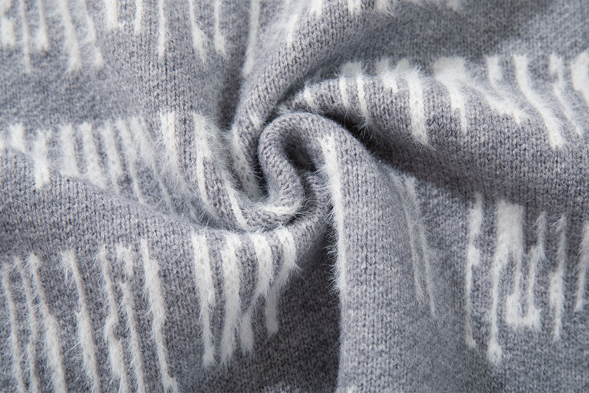Abstract Stripe Jacquard Knit Sweater – Henley Neck, Oversized Fit