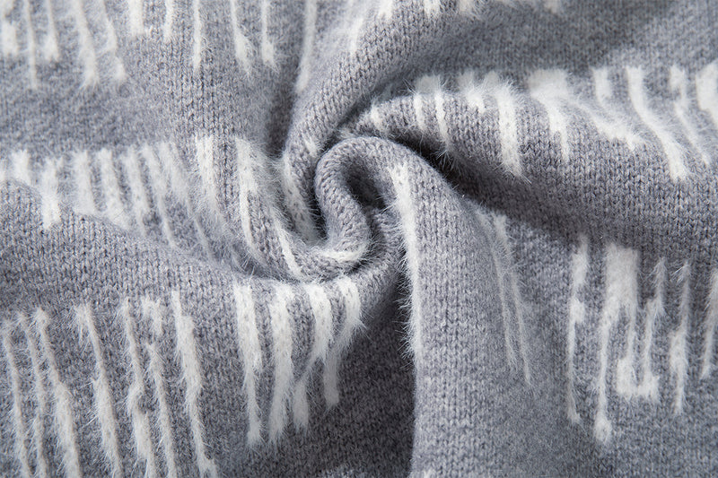 Abstract Stripe Jacquard Knit Sweater – Henley Neck, Oversized Fit
