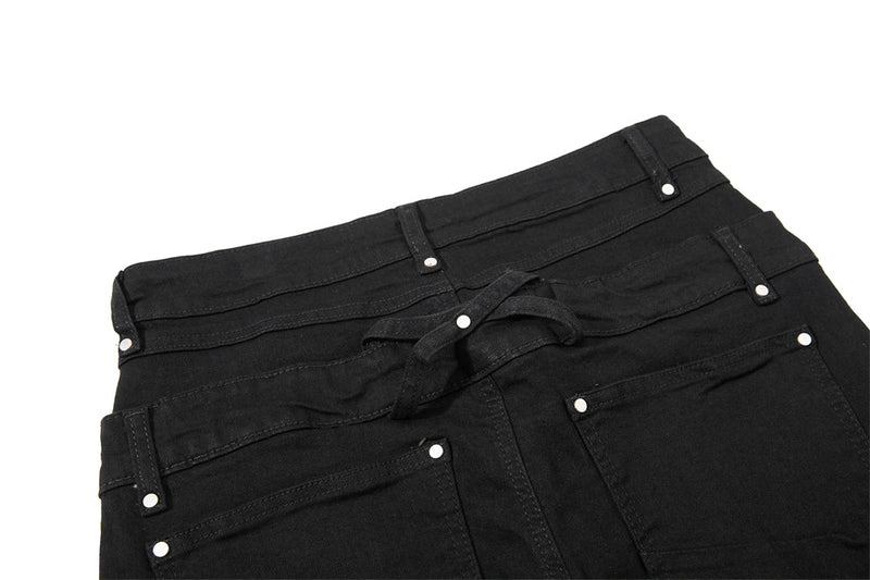 Men's Black Double Waistband Bell Bottom Flare Jeans with Diagonal Zipper