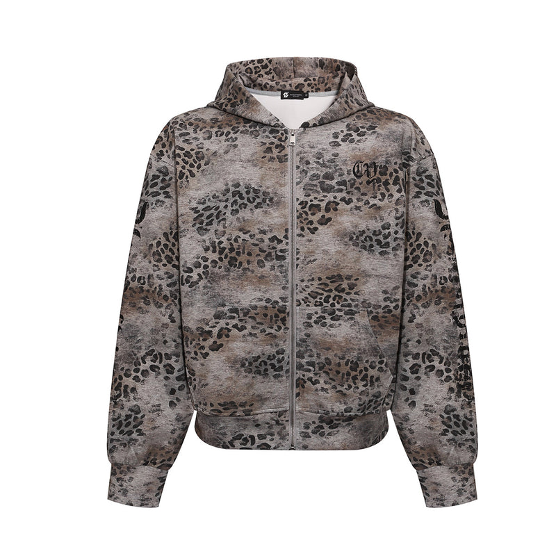 Leopard Print Zip-Up Hoodie – Vintage American Streetwear Oversized Cardigan