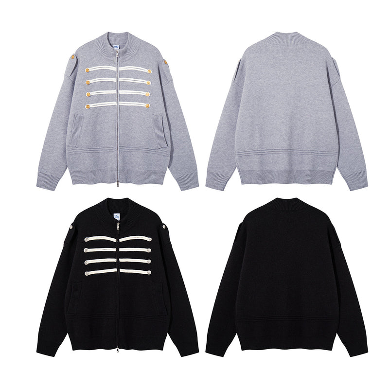 Military Knit Zip-Up Cardigan Sweater with Braided Cord & Button Detail