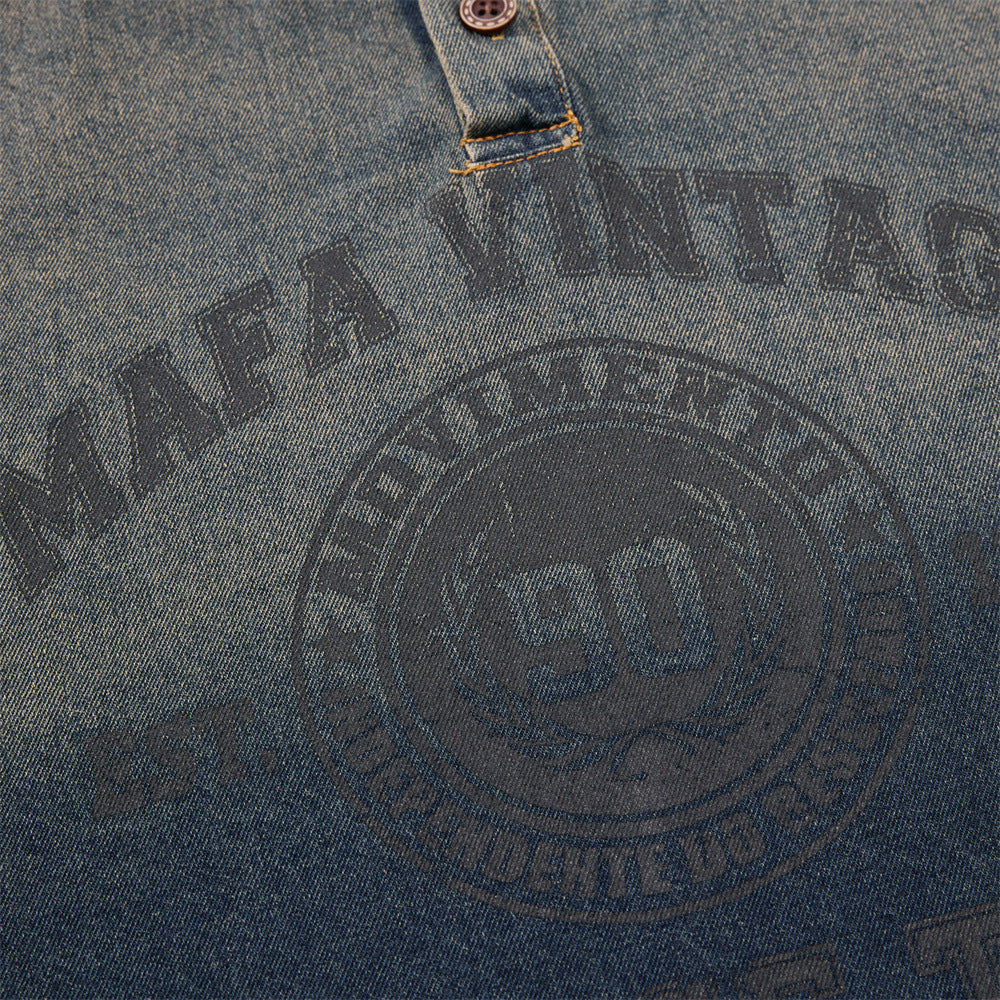 Washed Denim Long-Sleeve Polo Sweatshirt – Vintage Tie-Dye Fade, Oversized Fit