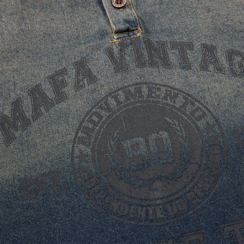 Washed Denim Long-Sleeve Polo Sweatshirt – Vintage Tie-Dye Fade, Oversized Fit