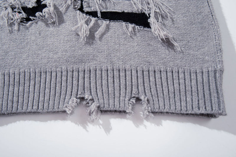 Melbourne Distressed Fringe Knit Sweater – Oversized Streetwear Crewneck