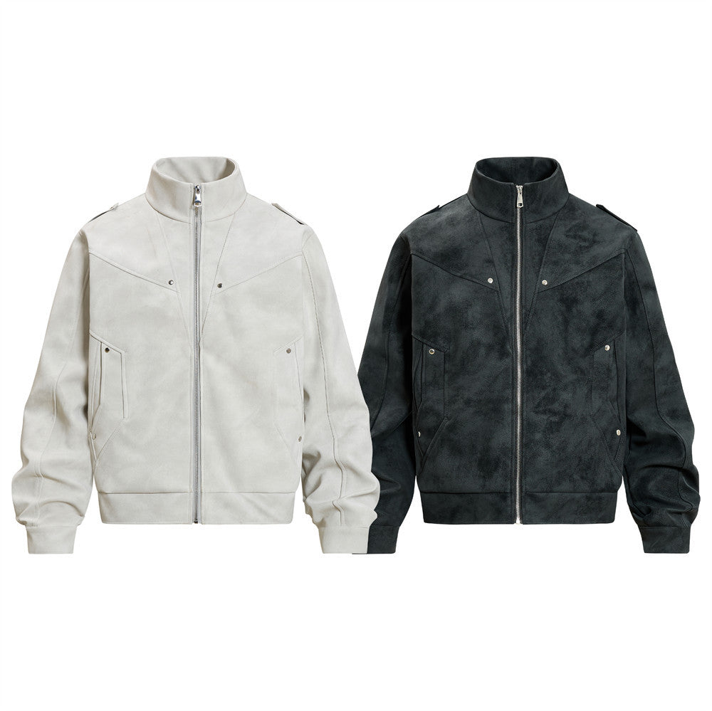 Men's Retro Distressed Suede-Texture PU Leather Stand Collar Bomber Jacket