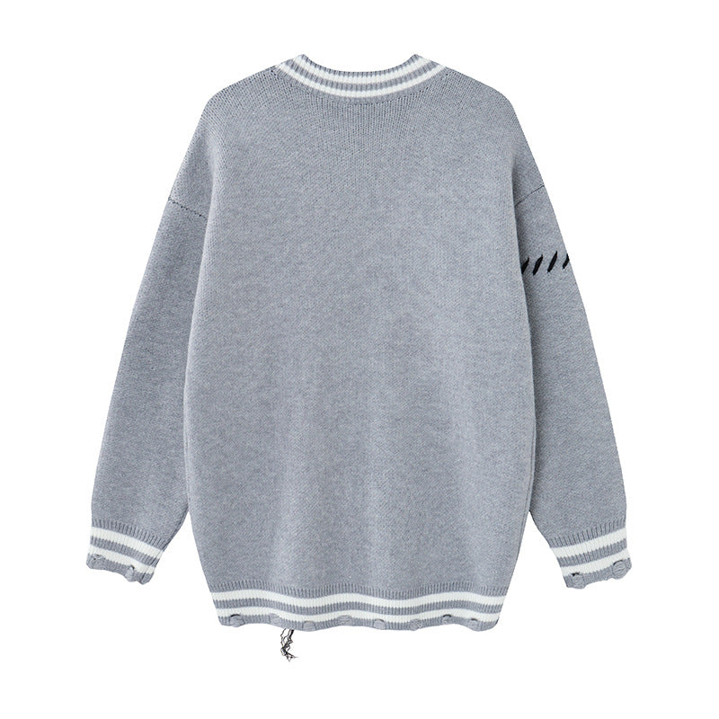 Strickcardigan mit Kreuzgrafik – Distressed-College-V-Ausschnitt, Oversize für Herren