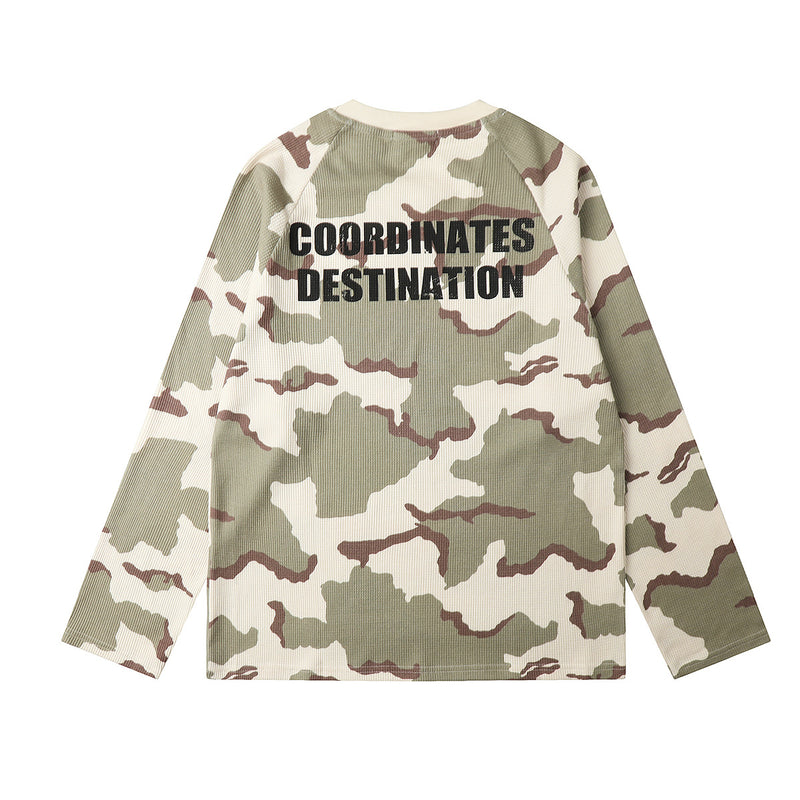 Camo Long Sleeve Waffle-Knit Crew Neck Shirt – Retro American Style