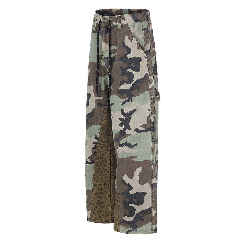 Camo & Leopard Patchwork Wide-Leg Cargo Pants