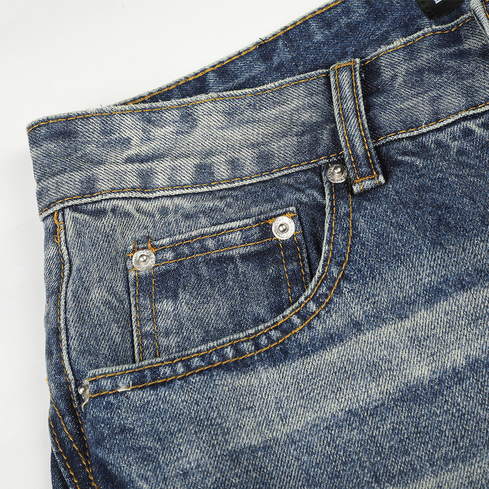 Wide-Leg Straight Jeans – Herrenjeans aus verwaschenem blauem Vintage-Denim mit Destroyed-Details