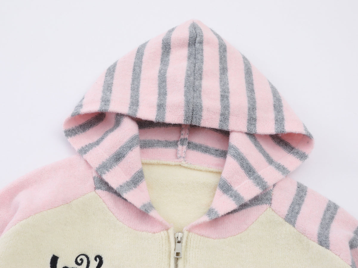 Cartoon Cat Knit Zip-Up Hoodie – Striped Colorblock Cardigan Sweater