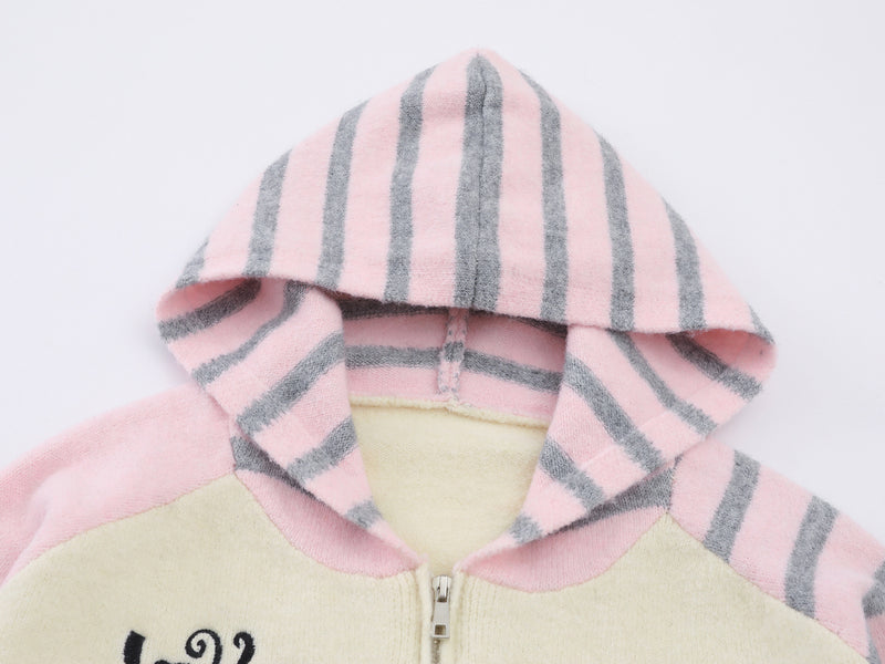 Cartoon Cat Knit Zip-Up Hoodie – Striped Colorblock Cardigan Sweater