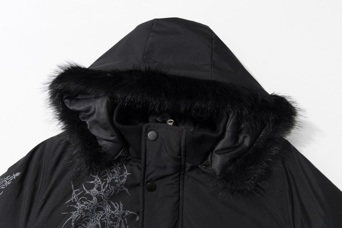Men's Faux Fur Hood Bomber Jacket – Black Gothic Graphic Padded Coat