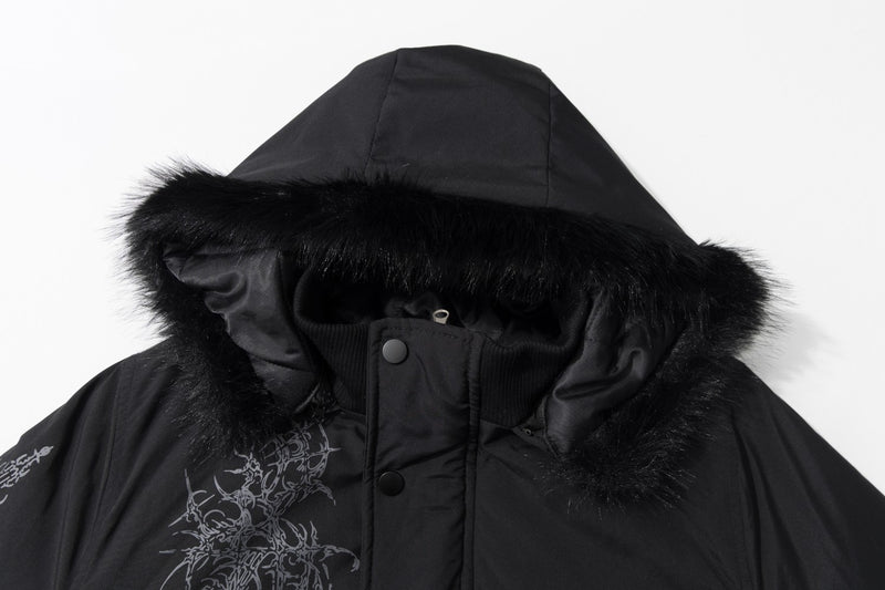 Men's Faux Fur Hood Bomber Jacket – Black Gothic Graphic Padded Coat