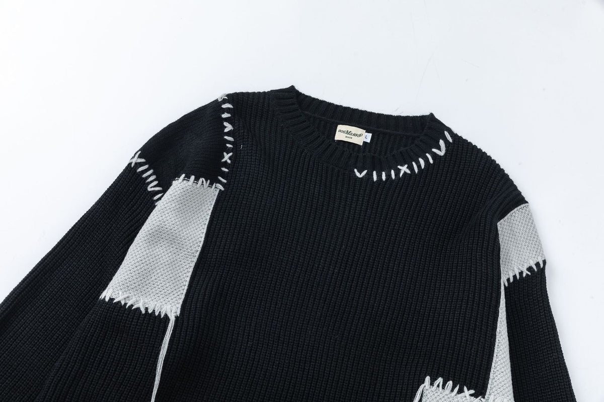 Pull homme en maille patchwork – Col rond vintage à franges américaines