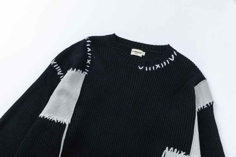 Pull homme en maille patchwork – Col rond vintage à franges américaines