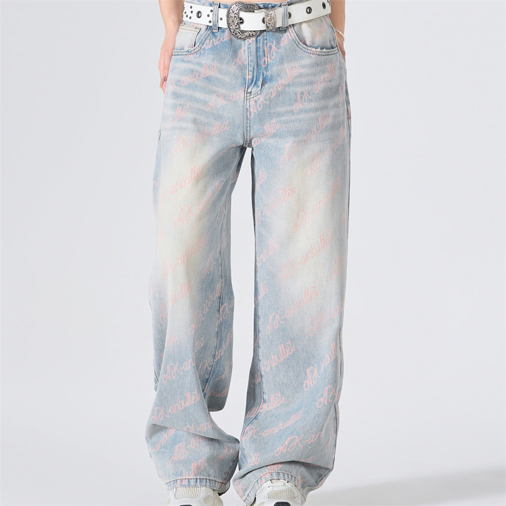 Wide-Leg Jeans with Allover Pink Script Print – Light Blue Washed Denim