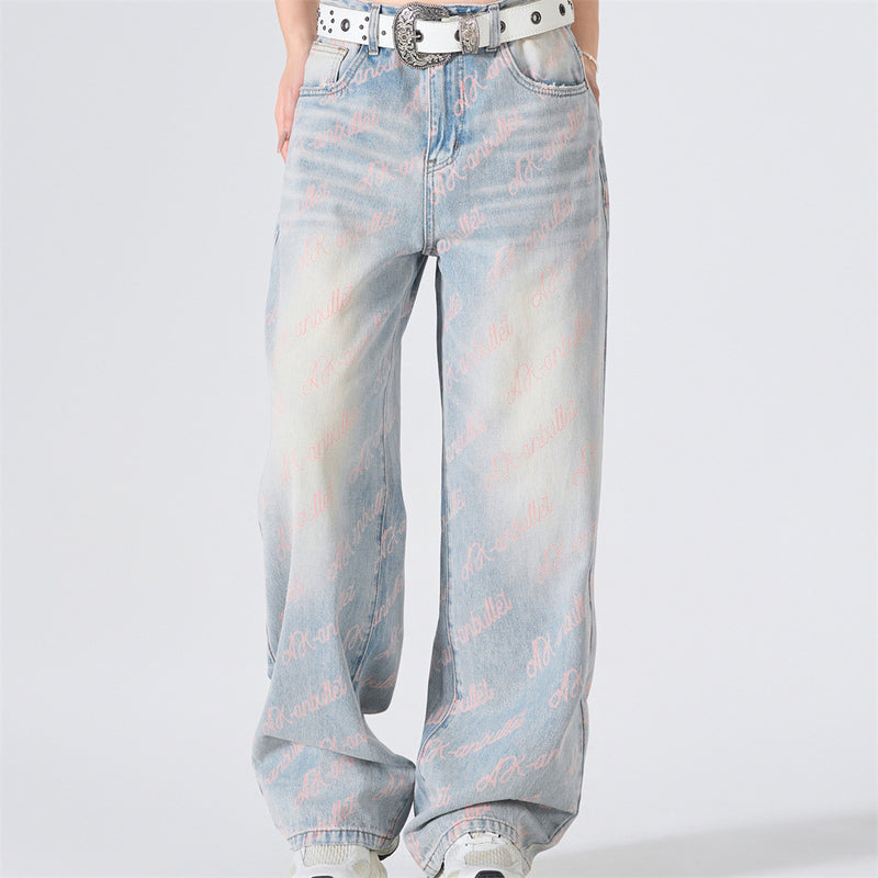 Wide-Leg Jeans with Allover Pink Script Print – Light Blue Washed Denim