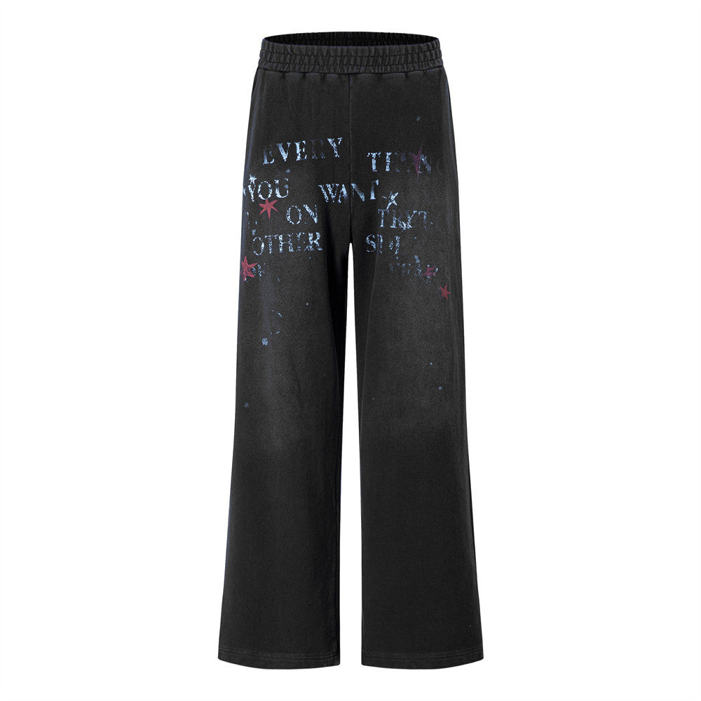 Men's Wide-Leg Sweatpants with Star & Letter Graphic Print, Acid-Wash Streetwear