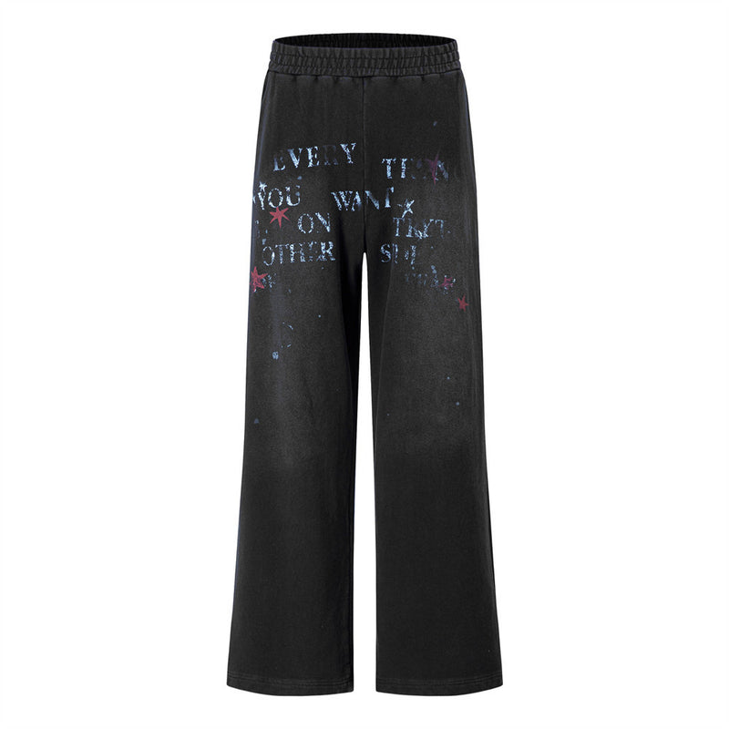 Men's Wide-Leg Sweatpants with Star & Letter Graphic Print, Acid-Wash Streetwear