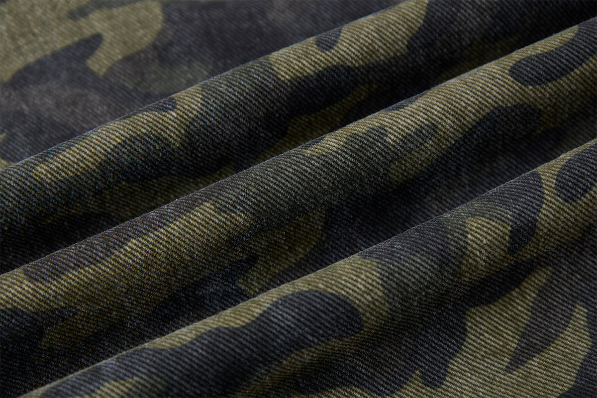Camo Wide-Leg Balloon Pants – High-Waist Layered Faux Two-Piece with Cross Patch