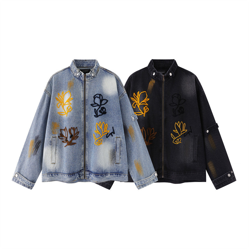 Oversized Black Denim Jacket – Floral Embroidery & Washed Distressed Finish