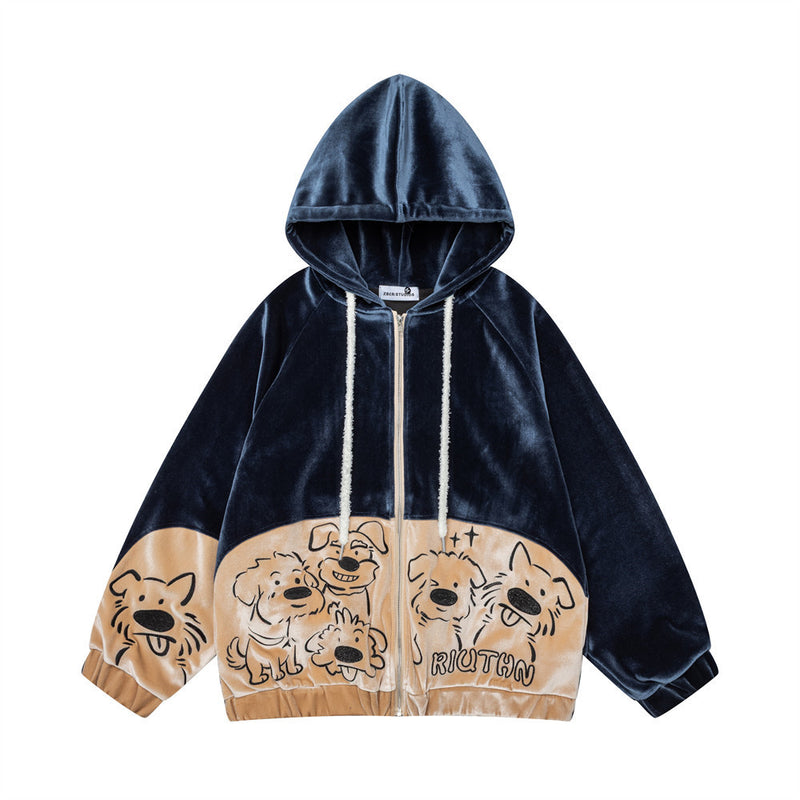 Sudadera de terciopelo con cremallera y estampado de perro de dibujos – Corte oversize color block