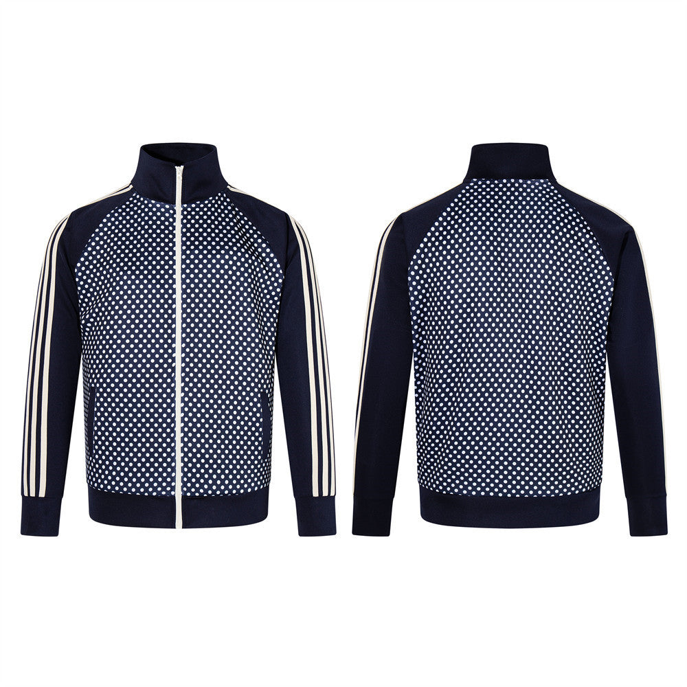 Chaqueta deportiva de hombre con lunares: azul marino con cremallera y bandas en las mangas