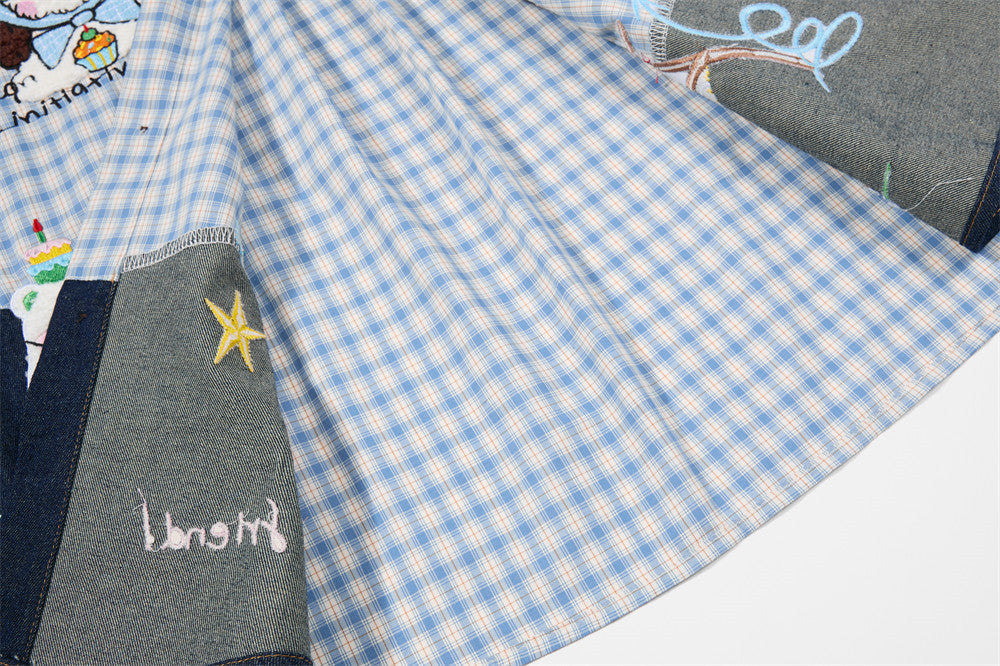 Chemise homme boutonnée à manches longues – Carreaux et empiècements en jean brodés cartoon