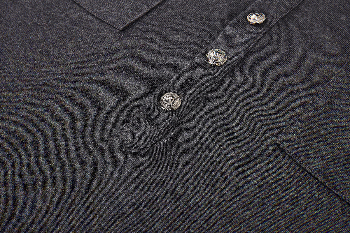 Men's Military-Style Henley Long Sleeve Shirt with Chest Pockets & Epaulettes