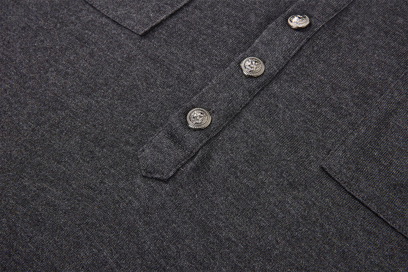 Men's Military-Style Henley Long Sleeve Shirt with Chest Pockets & Epaulettes