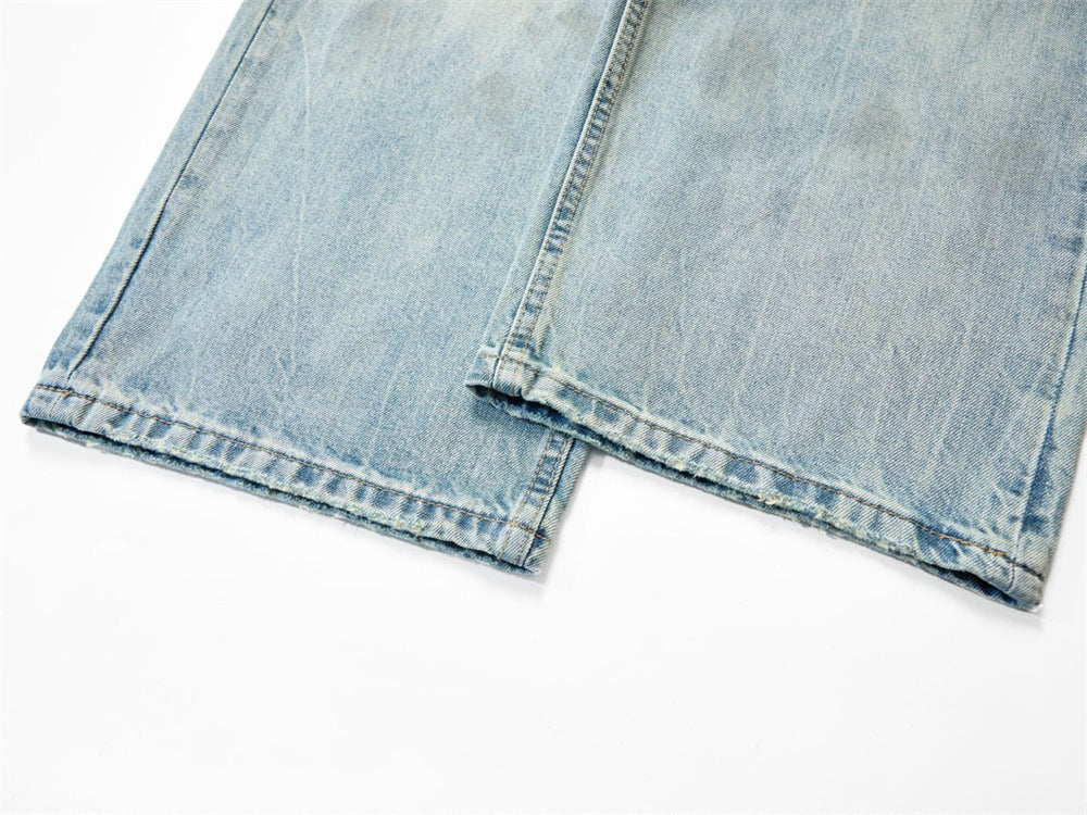 Wide-Leg Distressed Jeans – Light Wash Vintage Ripped Straight Denim
