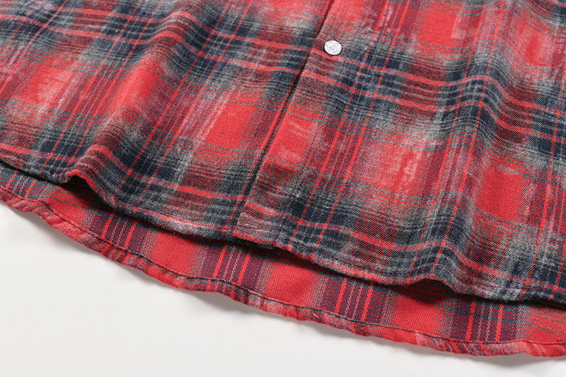 Washed Plaid Long Sleeve Shirt with American Flag Patchwork – Oversized