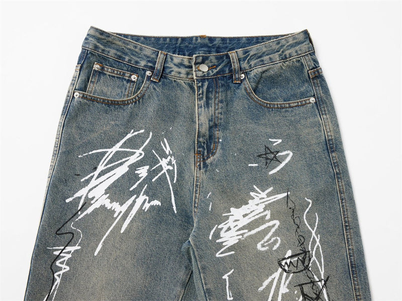 Graffiti Print Wide-Leg Jeans – Punk Streetwear Straight Baggy Denim