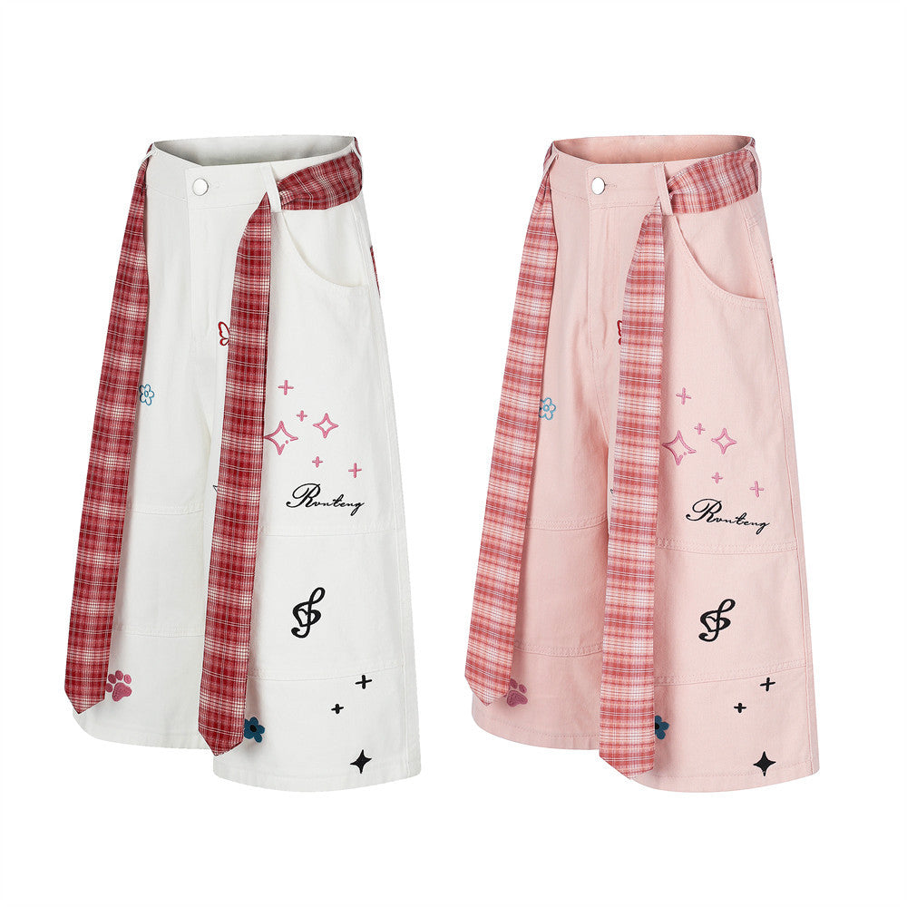 Cartoon Embroidery Wide-Leg Shorts with Plaid Tie Detail