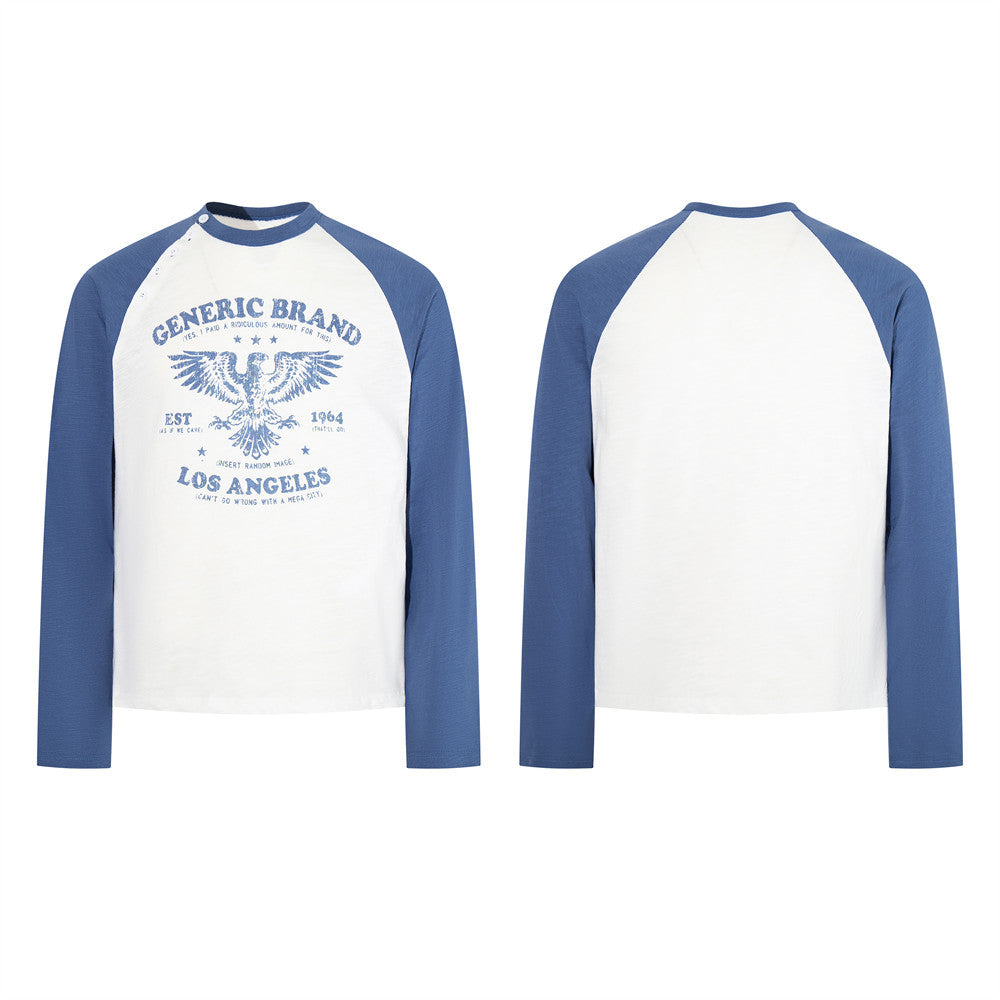 Men's Raglan Long Sleeve T-Shirt – Eagle Graphic Print, White & Blue
