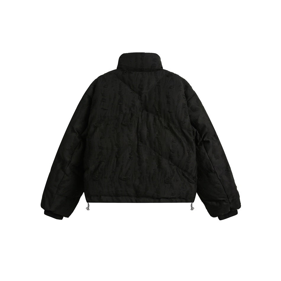 Distressed Texture Puffer Jacket Stand Collar Padded Coat