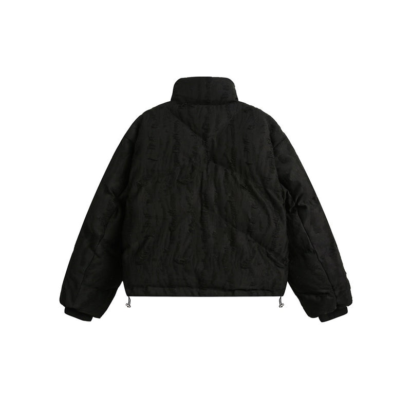 Distressed Texture Puffer Jacket Stand Collar Padded Coat