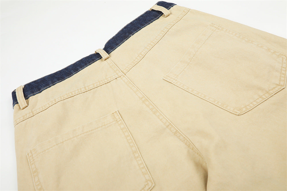 Herren-Cargohose in Khaki mit weitem, geradem Bein und kontrastierendem Denim-Bund