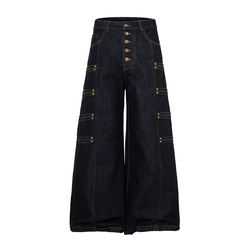 Jean brut baggy à jambes larges, pantalon cargo avec braguette à boutons dorés et détails cloutés