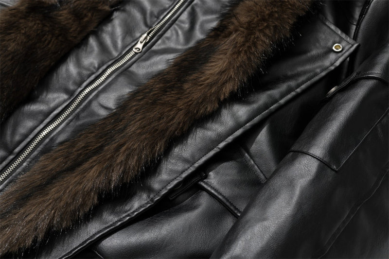 Men's Black PU Leather Bomber Jacket with Faux Fur Collar & Large Cargo Pockets