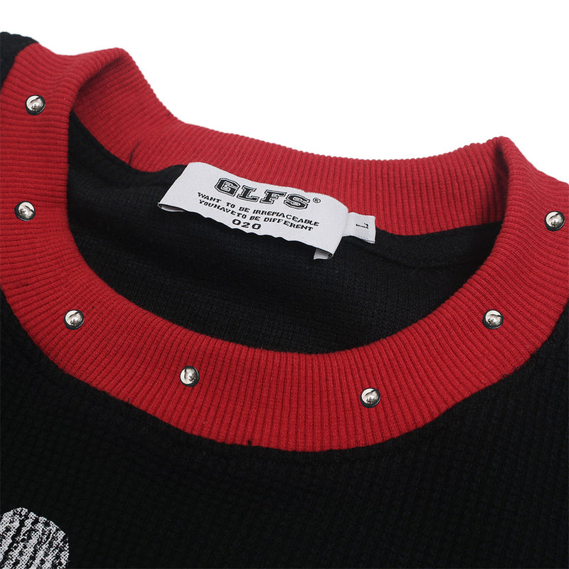 Black Graphic Long Sleeve Tee with Studded Red Collar – Vintage American Print
